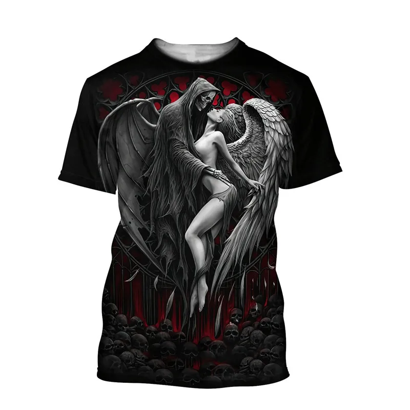 

Fashionable Reaper Skull Angel And Demon 3D men's and women's full print T-shirt fashion leisure beach Street hip hop T-shirt