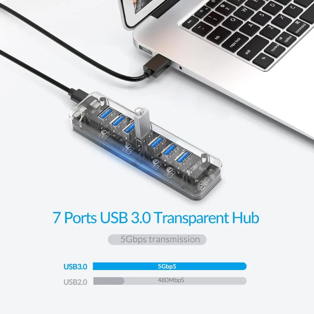 ORICO Прозрачный USB 3,0 концентратор с двойным портом питания 7 портов высокоскоростной портативный USB3.0 сплиттер OTG адаптер для настольного ПК