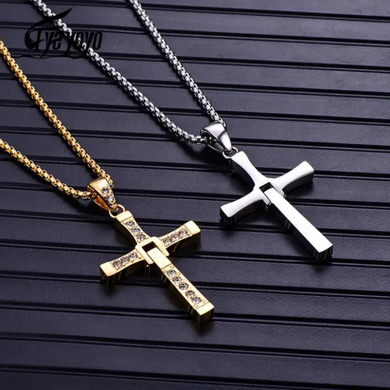 

EyeYoYo Fast and Furious Cross Necklace Dominic Toretto Cross Rhinestone Pendant Necklace Stainless Steel Necklace for Men Women
