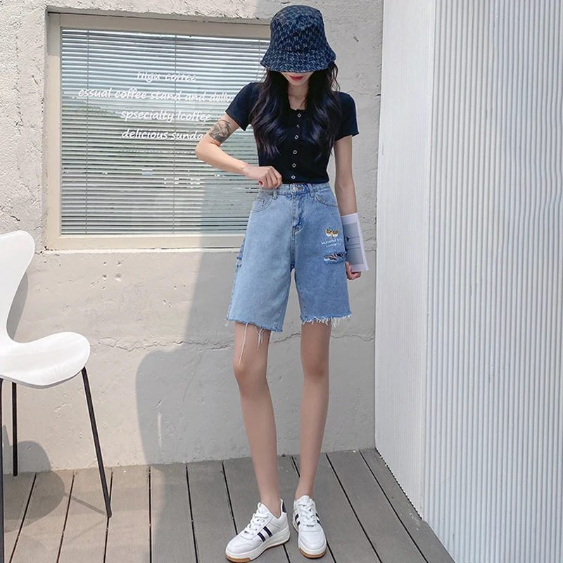 

S-2XL Summer Denim Shorts Women Vintage Washed Ripped Five-point Pants Cotton Cartoon Animal Embroidery Loose High Waist Cowboy