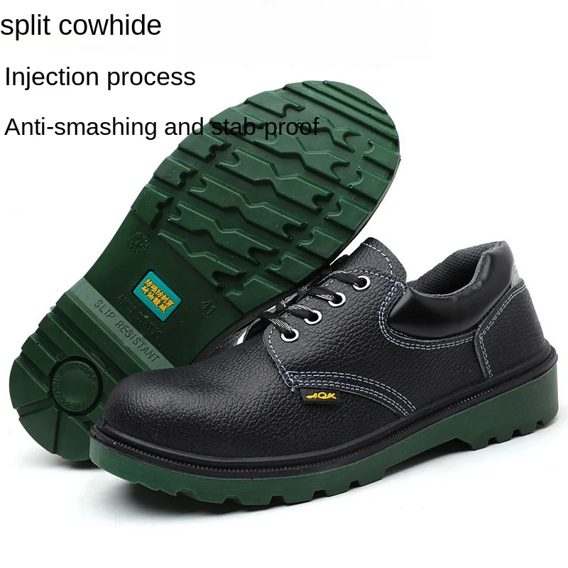 

Two-Layer Cowhide Protective Shoes Work Attack Shield and Anti-Stab Four-Eye Lace-up Green Bottom Not Stuffy Feet Work Men Shoes