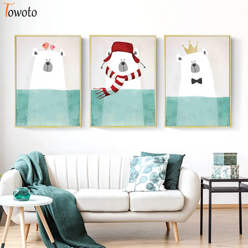 Cute Beer Print Kids Poster Cartoon Canvas Painting Nursery Mint Green Wall Art Children Room Decoration Picture Decor |