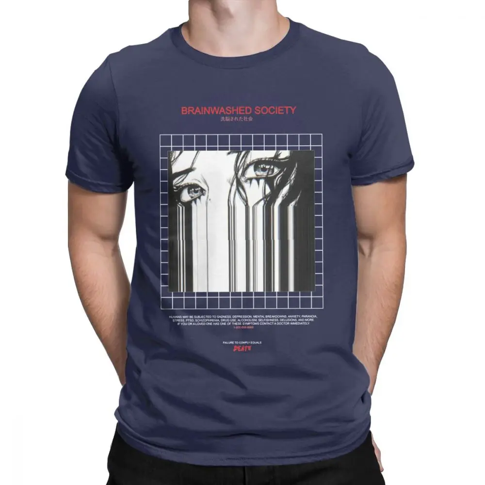 Brainwash society Harajuku футболка Мужская Аниме Vaporwave Япония гранж Sad хлопковая футболка футболки с коротким рукавом размера плюс Топы - Цвет: Тёмно-синий