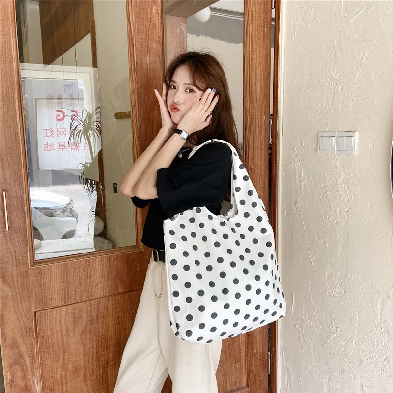 

Fashion Dot Women Canvas Shopping Travel Bag Female Student Simple Large Shoulder Bags Vintage Girls Beach Casual Tote Handbags