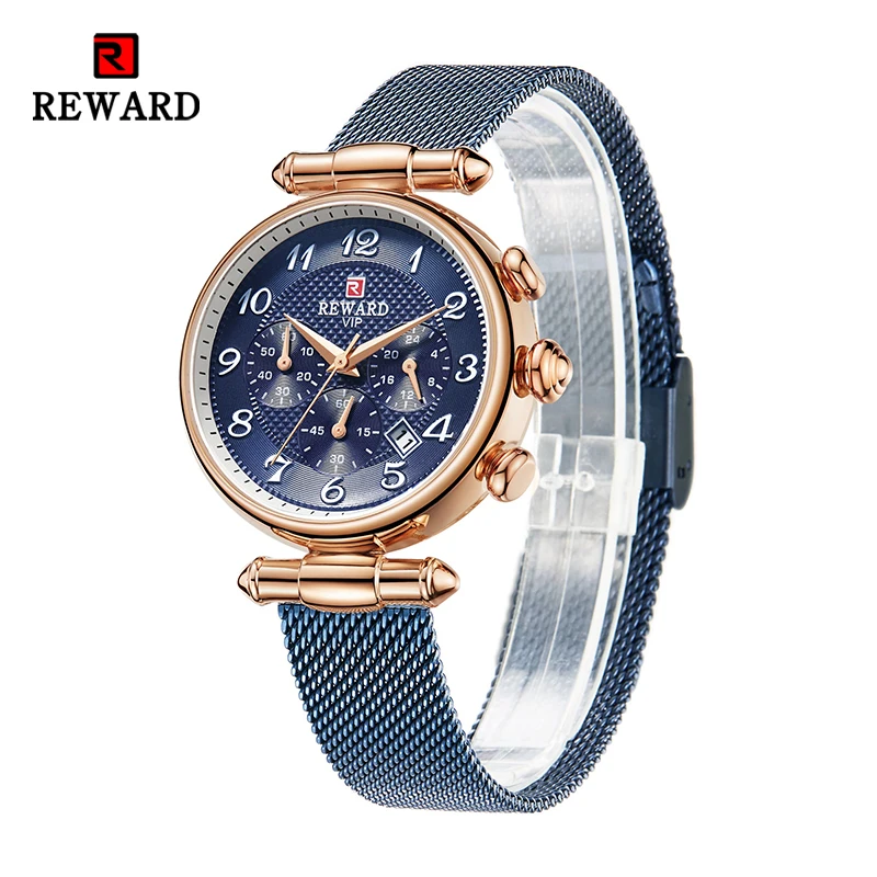 

REWARD Часы наручные женские кварцевые с хронографом, модные спортивные водонепроницаемые с календарем и датой, с сетчатым ремешком из нержав...