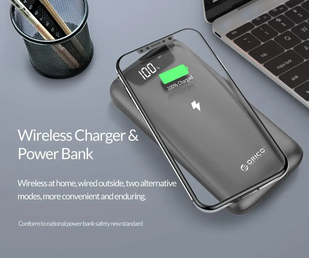 Внешний аккумулятор ORICO с ЖК дисплеем 10000 мАч Беспроводная зарядка два порта USB