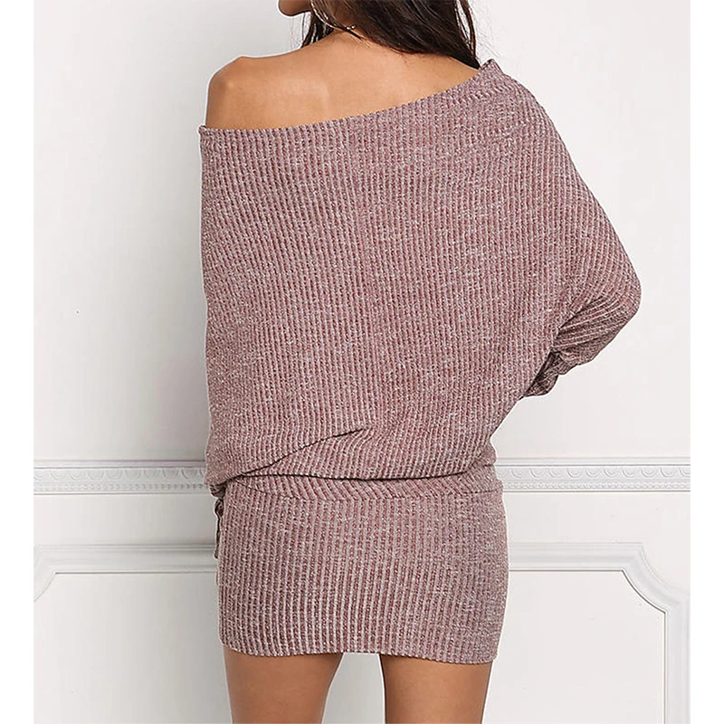 

Fashion Slash Neck Sexy Party Mini Dress Women Autumn New Off Shoulder Betwing Sleeve Solid Slim Package Hip Knitted Dresses