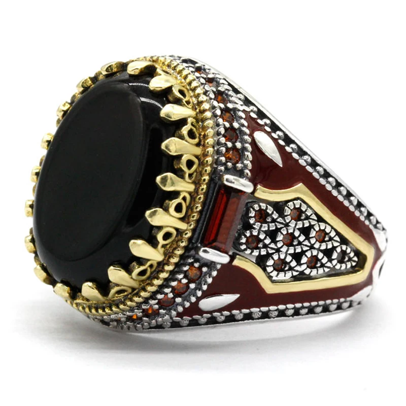 

Turkey Jewelry Men Ring with Black Natural Agate Stone 925 Sterling Silver Vintage King Crown CZ Red Enamel Rings for Male Gift
