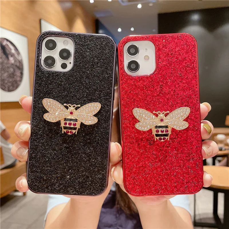 

Cute Little Bee Solid Color Glitter Hard Shell Capa For XiaoMi Poco X3 NFC For RedMi Note 9 9s 8 Pro Protective Cover Phone Case