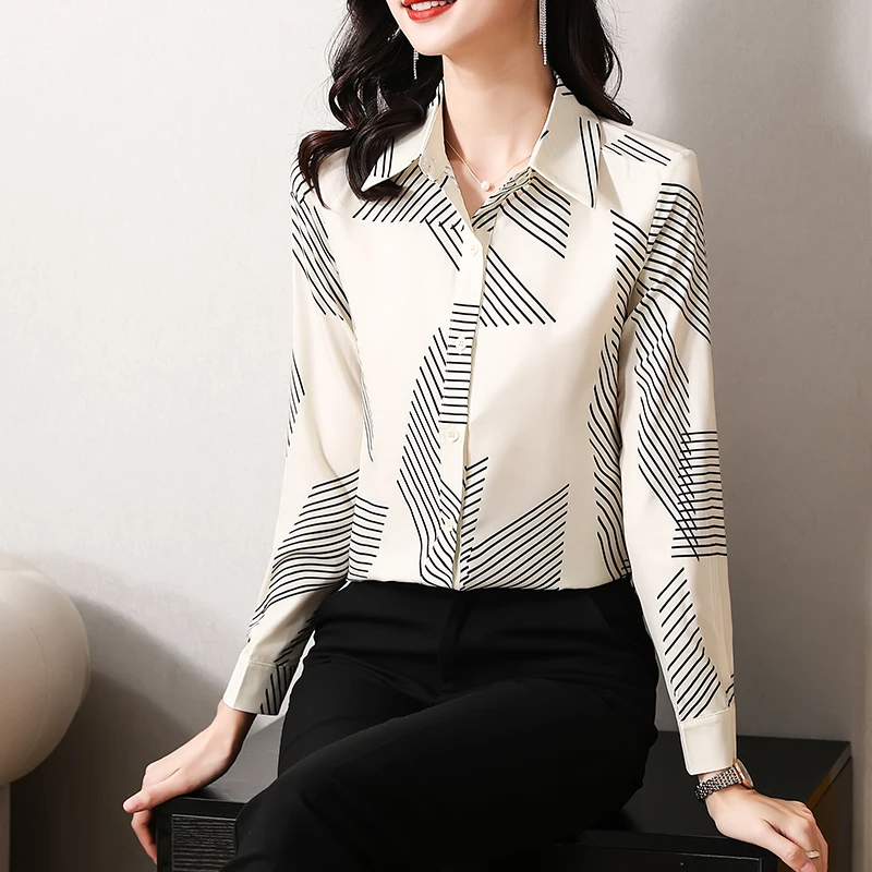 

Silk Satin Loose Women's Shirts New Fashion Blouses Printing Buttons Polo Shirts Spring Casual Long Sleeve Blusas Houthion