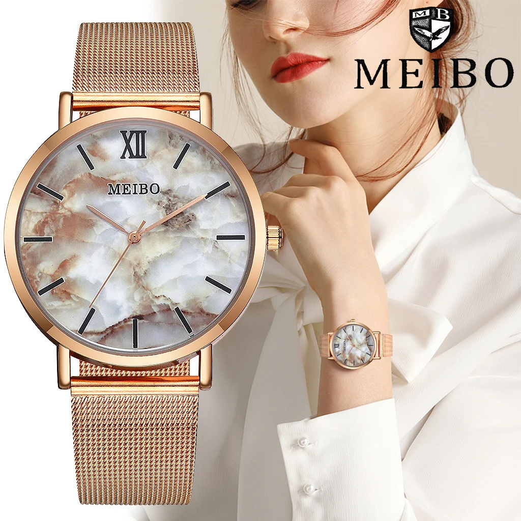 MEIBO брендовые модные креативные мраморные наручные часы из розового золота, повседневные женские кварцевые часы со стальным сетчатым ремешком, Relogio Feminino