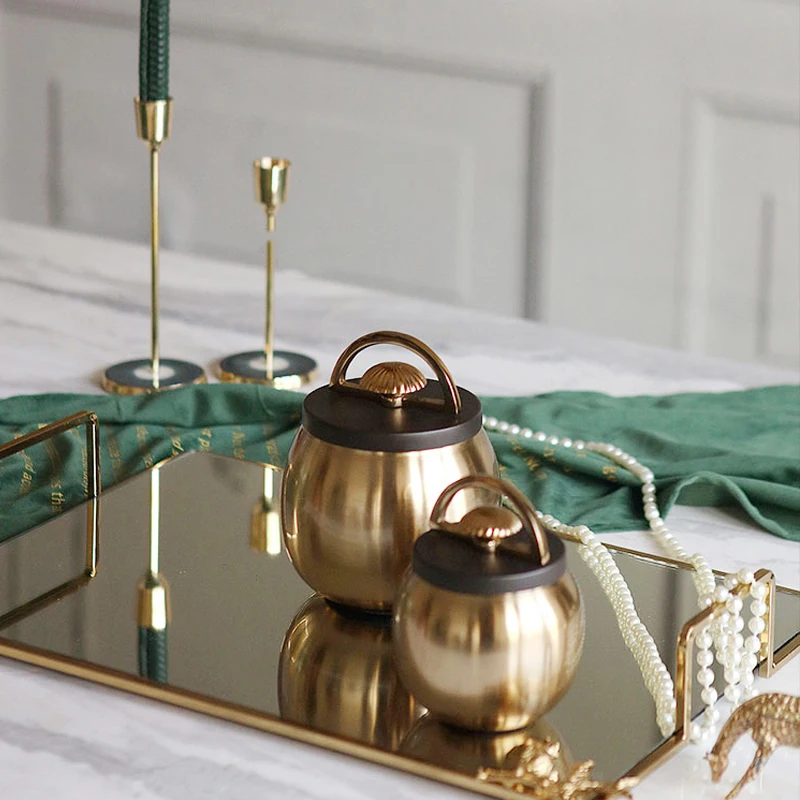 

Luxury Aluminum Decorative Storage Tank Retro Glass Golden Palace Style Model Room, Villa Sales Office Decor Storage Furnishings
