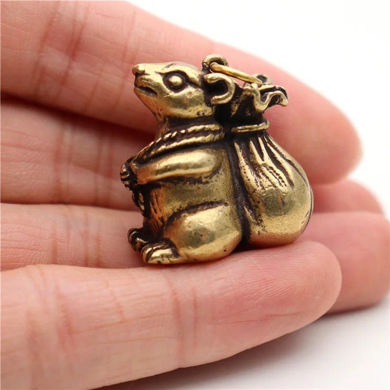 Винтажный латунный милый брелок в виде мыши с фигуркой сумки богатства Подвески