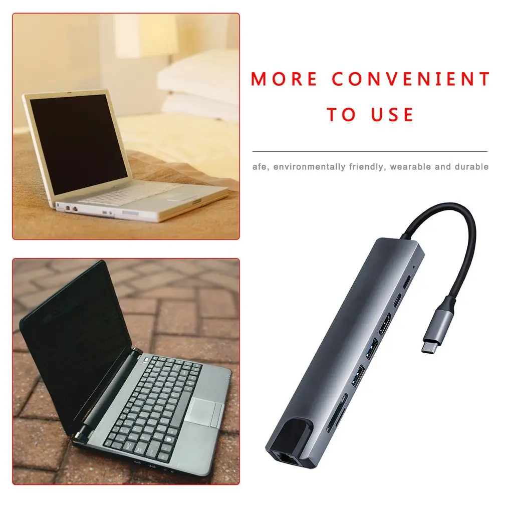 

8 In 1 4K Multiport Type C To USB-C HDMI-compatible Adapter USB 3.0 Cable Hub For Macbook Aux Ports Adapter Fast Speed