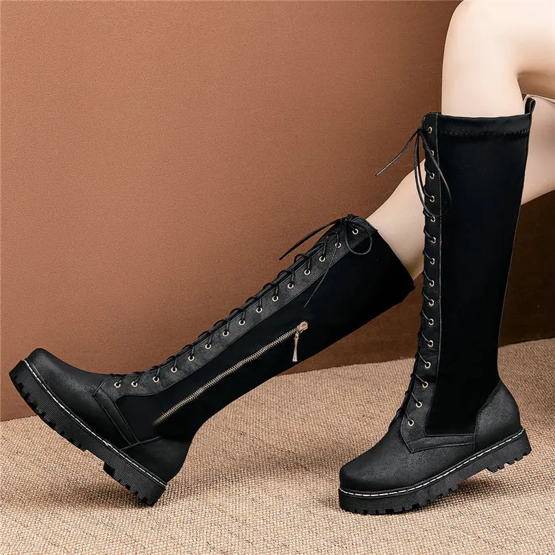 Fashion Sneakers Women Lace Up Stretch Fabric Round Toe Mid Calf Military Boots Female Low Heel Platform Oxfords Casual Shoes