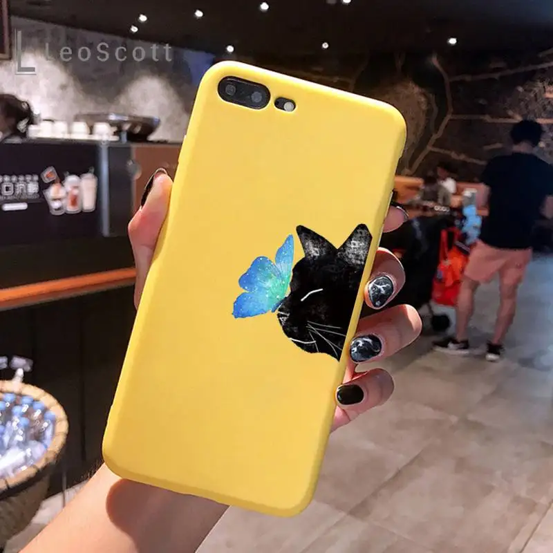 

Cat butterfly nose tip cute lovely Phone Case Yellow Candy Color for iPhone 6 7 8 11 12 s mini pro X XS XR MAX Plus