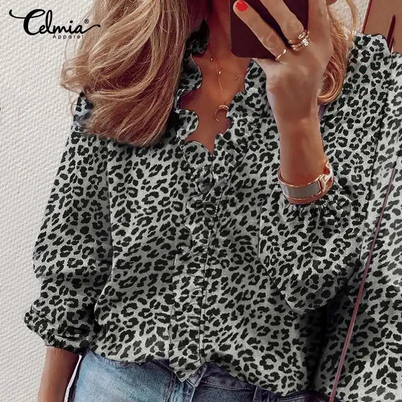 

Celmia 2022 Vintage Leopard Print Tops Women Elegant Blouses Fashion Long Sleeve Ruffles Shirts Autumn Sexy V-Neck Office Blusas