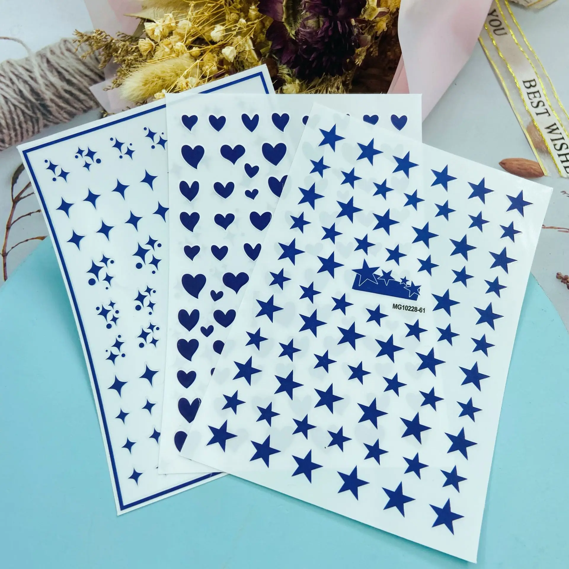 

Стильные 3D наклейки для ногтей в японском стиле, наклейки с синими сердцами и звездами, сухие наклейки для ногтей, новое поступление