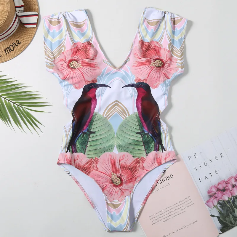 One Piece Swimsuit 2021 Long Sleeve Swimwear Women Bandage Print Monokini Sexy Black Bathing Suit String Backless Beachwear | Спорт и