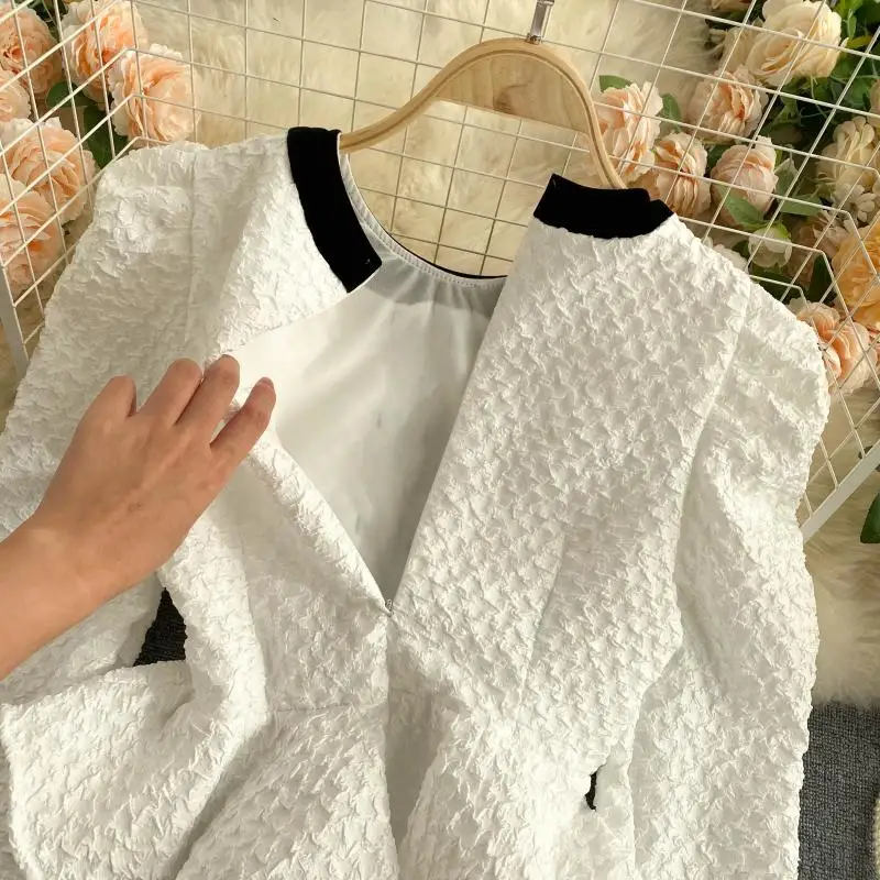 

Korean style women's top new design color match cropped shirt round neck long sleeve slim fit ruffles blouse vintage female tops