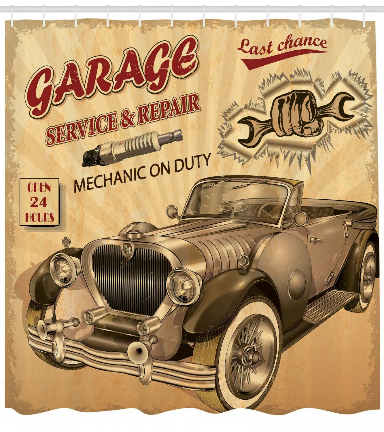 

Vintage Shower Curtain Old Style Car Repair Print for Bathroom