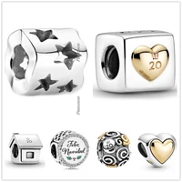 original 925 sterling silver two tone domed golden heart charm beads fit pandora bracelet necklace jewelry