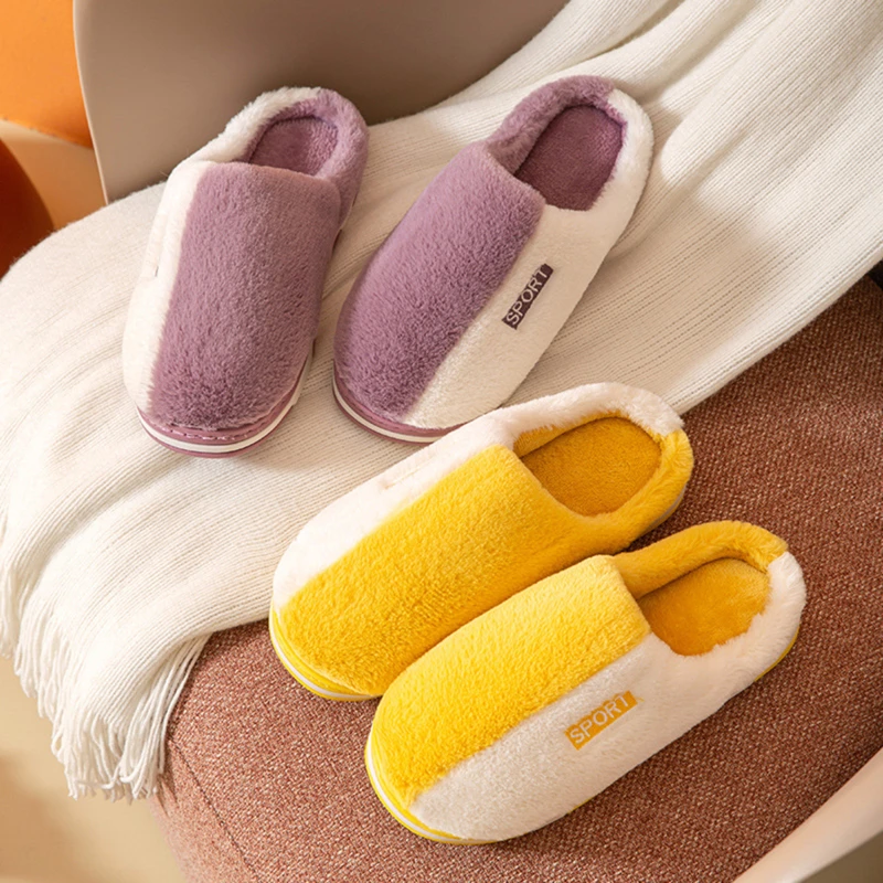 

Autumn Winter Women Plush Slippers Plus Size Patchwork Slippers Couple Warm Indoor Non Slip Slippers