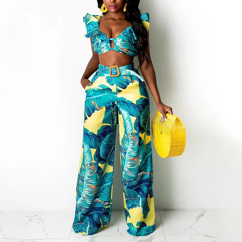 

LIYONG Print Women Sexy Two Piece Set Backless Bandage Skinny Crop Top And Pant High Waist Hollow Out Summer Female 2 Piece Set