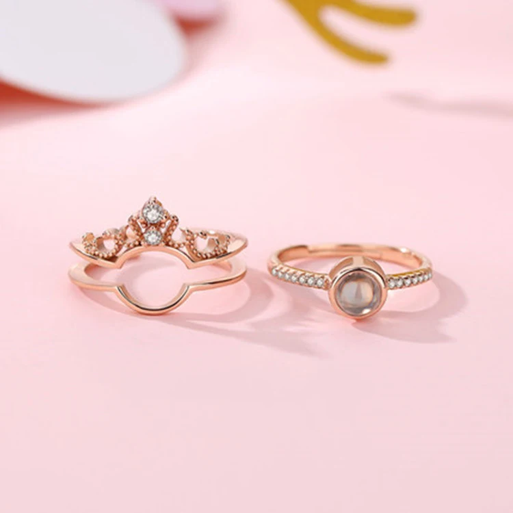 Amxiu Two Pieces 100 languages I love you Projection Ring 925 Silver Adjustable Crown Zircon Rings Open For Women | Украшения и