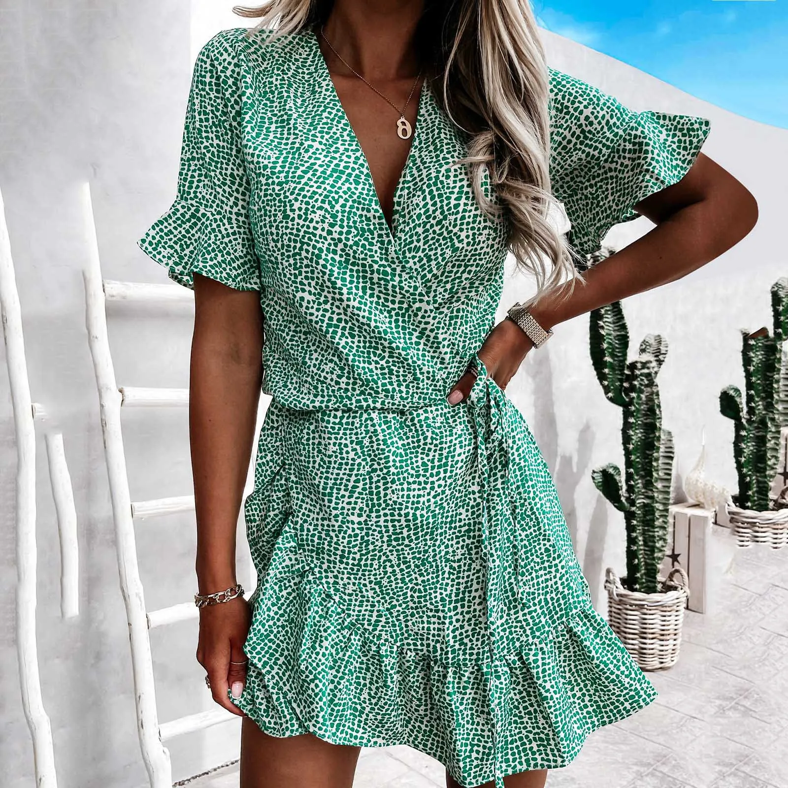 

Beachwear Dress Woman Summer Fashion Ruffles Short Sleeve Printed V-Neck Lace Sexy V-Neck Casual Floral Mini Sundress Holiday OL