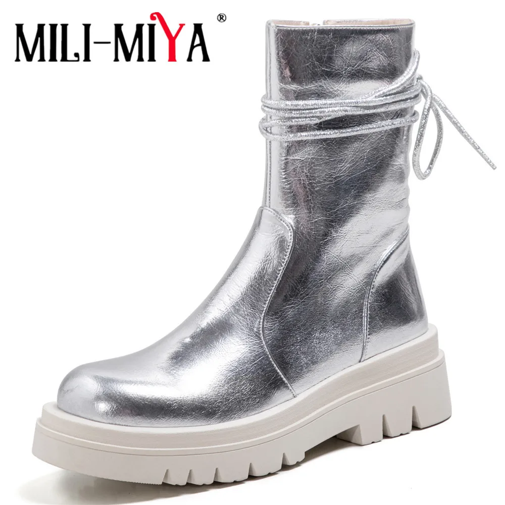 

MILI-MIYA 2021 New Ankle Boots Women Thick Bottom Round Toe Genuine Leather Black White Sliver Lace Up Platform Casual Shoes