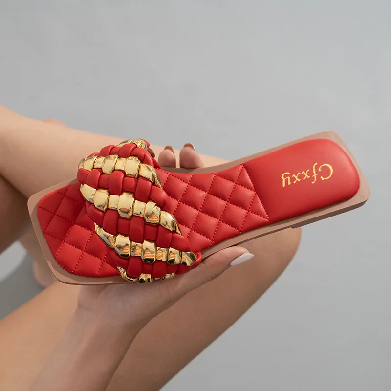 

New Summer Woven Slippers Women Square Toe Flat Casual Shoes Flip Flops Beach Sandal Slipper Slip On Slides Brand Big size 42