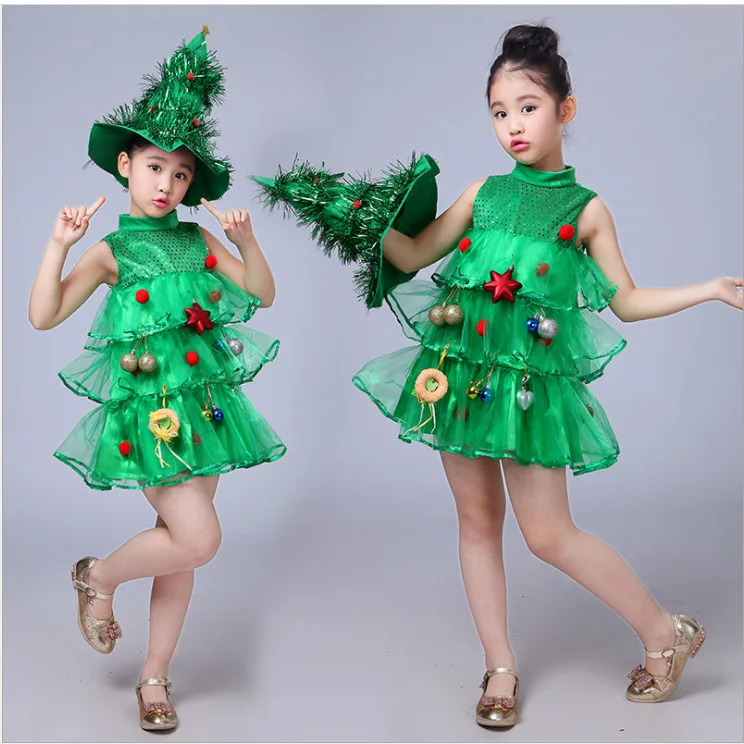

2020 Girls Xmas Green Tree Hat Dress Cosplay Halloween Costume for Kids Sequin Carnival Party Purim Elf Christmas Fancy Dance