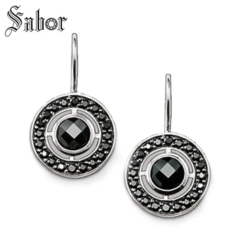 Серьги капли с черным орнаментом винтажный подарок для женщин серебряного цвета