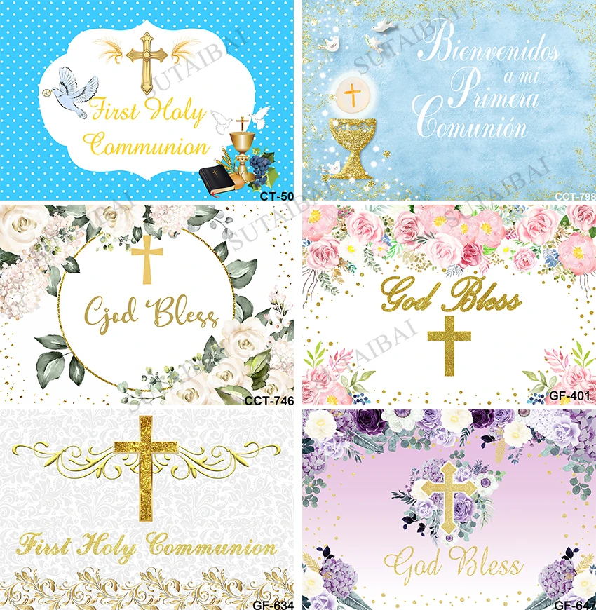 

My First Holy Communion God Bless Photography Backdrop Golden Cross Flower Boy or Girl Baptism Decor Birthday Party Background