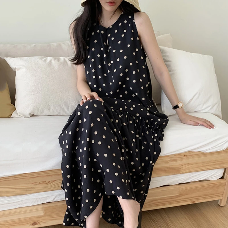 

Dresses Female A Line Elegant Casual Loose Vestidos Vintage Polk Dot Women Long Hliday Dress Summer Thin Chic Korean