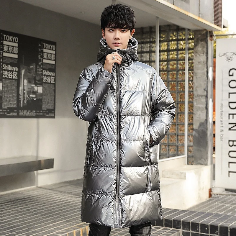 Серебряное пуховое пальто блестящая Черная куртка мужское теплое зимнее с