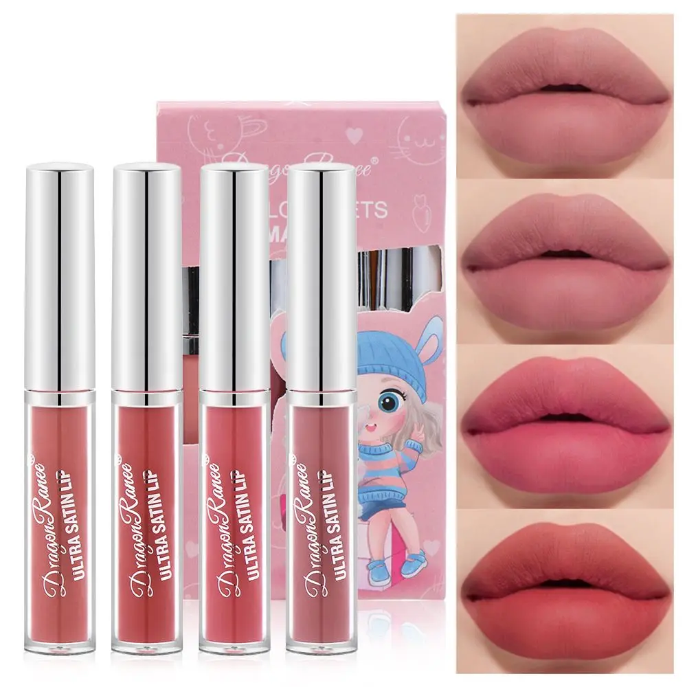 

4pcs/box Matte Fresh Lip Glaze Bean Paste Color Lipstick Long Lasting Non-Stick Cup Lip Stain Waterproof Lip Gloss Makeup Gifts