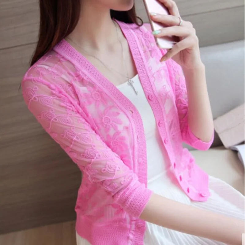 

New 2020 Autumn Summer Solid Color Short Cardigan Women Shawl Knitted Sweater Female Lace Cardigans Women Thin Coat Ladies Tops