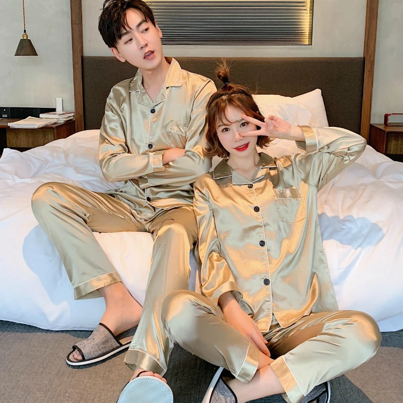 Silky Couples Spring Summer Autumn Men Satin Silk Pyjamas Sets Shirt and Pants Male Pijama Sleepwear Leisure Home Clothing Hotel