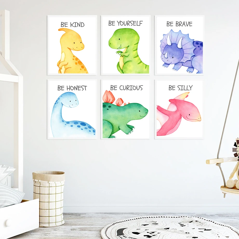 

Kids Bedroom Cute Dinosaur Home Decoration Painting Color Animal Living Room Wall Canvas Poster Children's Room Text Print