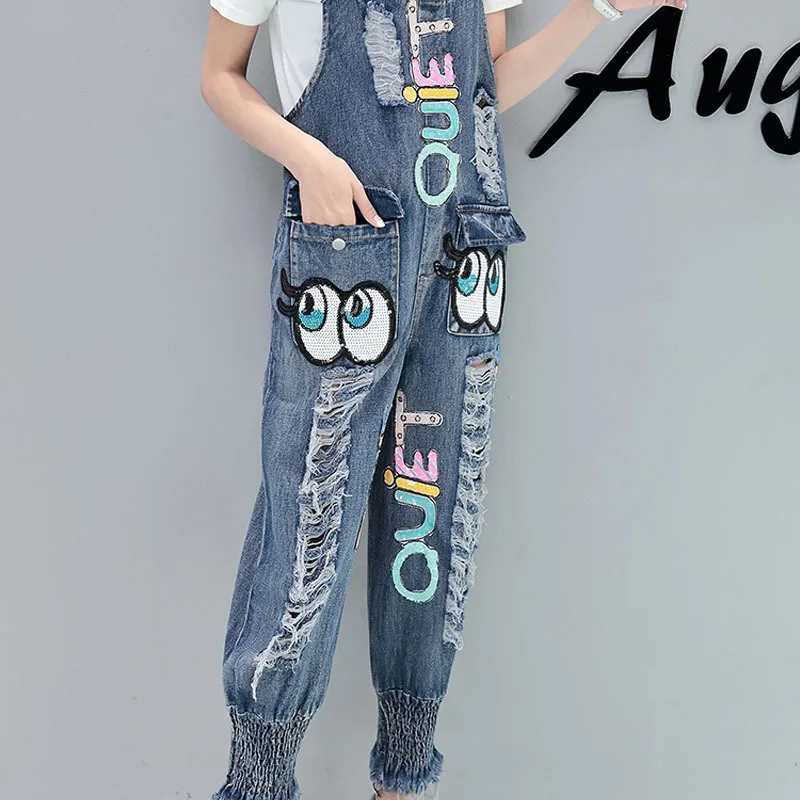 Женские штаны-Шаровары свободного кроя новая мода Ретро рваные комбинезоны с