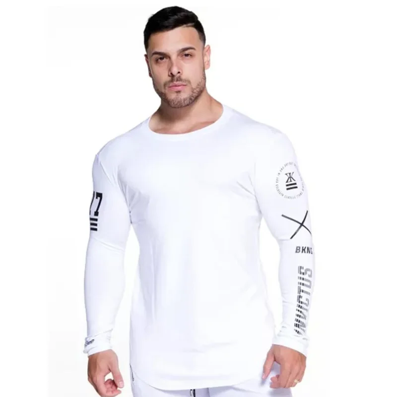 white 01 Новые спортивные мужские s рубашки для тренировки с длинными рукавами, футболки для бега, спортивный хлопковый топ, эластичная спортивная одежда, мужская футболка с принтом больших размеров - Цвет: white 01