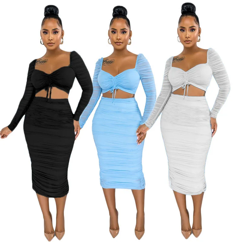 

Elegant Pleat Two Piece Dress Set Women Sexy Backless Long Sleeve Square Collar Shirring Autumn Mesh See Through Evening Dress