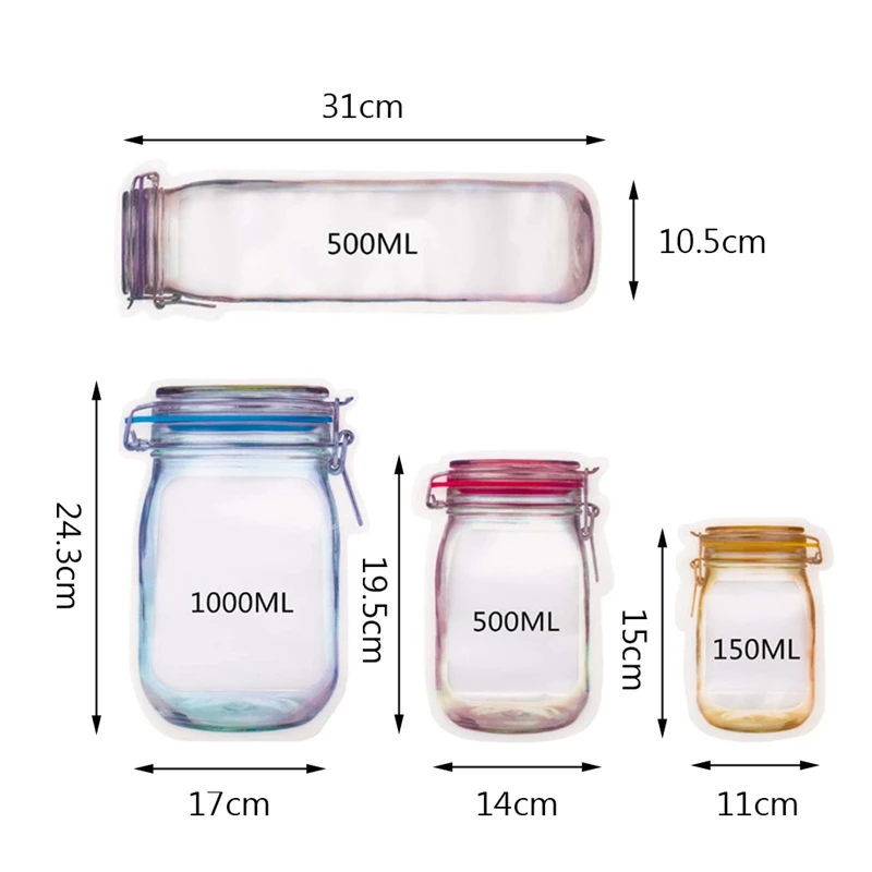 

20/5pcs Reusable Mason Jar Zipper Bags Grocery Candy Jar Food Storage Bags Portable Cookies Bags Kitchen Food Snacks Sealed