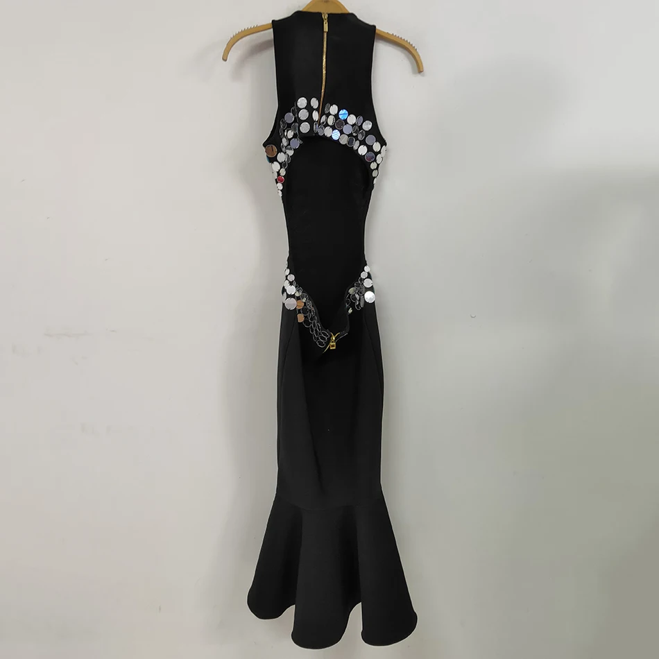 

Free Shipping Black Women Sexy Sleeveless O-Neck Hollow Backless Sequin Fashion Mermaid Bandage Dress Celebrity Club Midi Dress