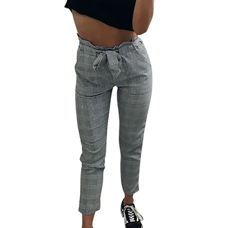 Темно-серый Plaid Pants Women Autumn Lattice Print Loose Elastic High Waist Tie Straight Casual Long Pants - Цвет: Темно-серый