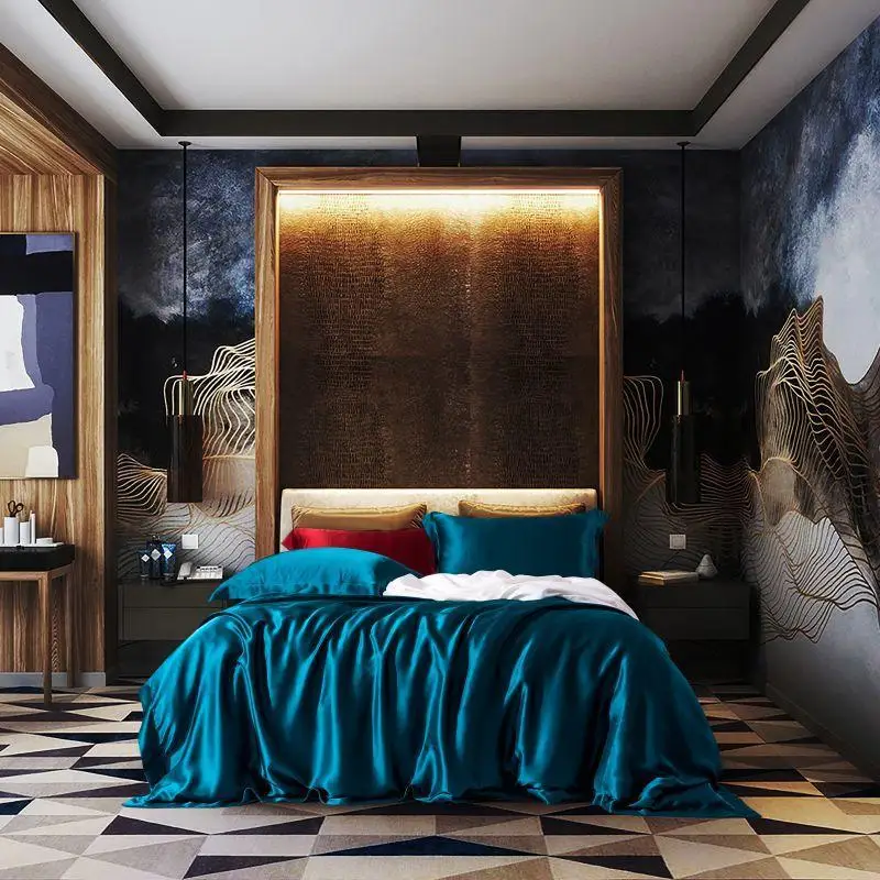 Красные синие 4-Pcs Премиум 100% шелк тутового шелкопряда постельных