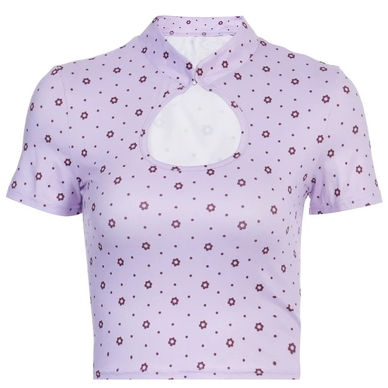 

Summer Hollow Out O-neck Short Sleeve Cropped Tops Y2K Vintage Front Floral 2021 New E-girl Flowers Purple T-shirts Streetwear