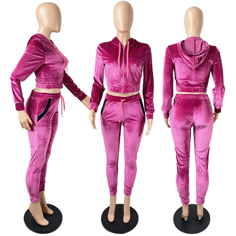 

ZKYZWX Sexy Hoodies Women Velour Tracksuit 2 Piece Set Winter Clothes Long Sleeve Crop Top and Pants Velvet Lounge Wear Outfits